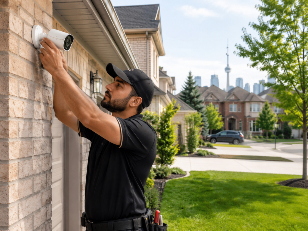 Professional security technician installing a security camera on a Toronto home exterior