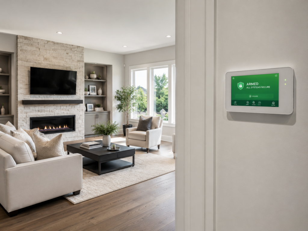 Smart home security panel mounted on interior wall showing armed status