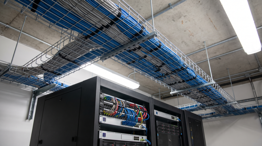 Ceiling-mounted cable tray carrying neatly bundled ethernet cabling above a wall-mounted network rack and patch panel on a commercial site.